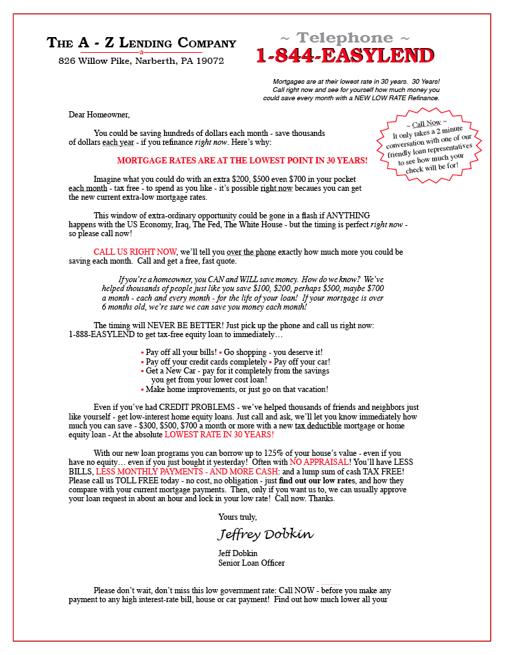 Sample Direct Mail Letter-Hard Sell
